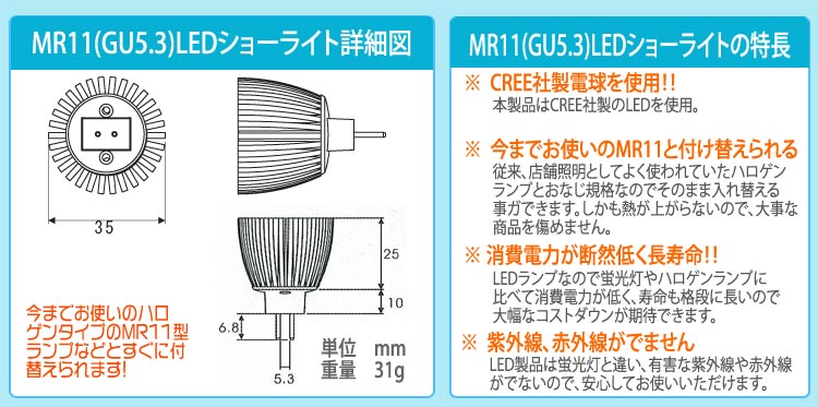 本製品はLEDメーカーの中でも日亜科学と並ぶ
屈指のメーカーCREE社製を使用しております。LEDランプなので蛍光灯やハロゲンランプに
比べて消費電力が低く、寿命も格段に長いので
大幅なコストダウンが期待できます。従来、店舗照明としてよく使われていたハロゲン
ランプとおなじ規格なのでそのまま入れ替える
事ガできます。しかも熱が上がらないので、大事な
商品を傷めません。LED製品は蛍光灯と違い、有害な紫外線や赤外線
がでないので、安心してお使いいただけます。