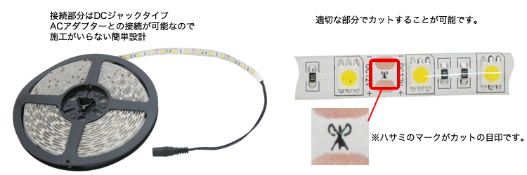 接続部分はDCジャックタイプ ACアダプターとの接続が可能なので施工がいらない簡単設計です。 また、適切な部分でカットすることが可能です。