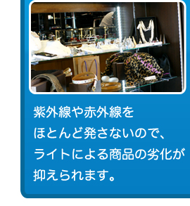 紫外線や赤外線をほとんど発さないので、ライトによる商品の劣化が抑えられます。