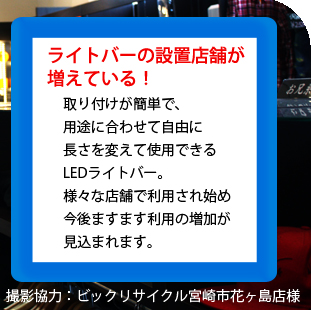 ライトバーの設置店舗が
増えている！ 取り付けが簡単で、用途に合わせて自由に長さを変えて使用できるLEDライトバー。様々な店舗で利用され始め今後ますます利用の増加が見込まれます。 撮影協力：ビックリサイクル宮崎市花ヶ島店様